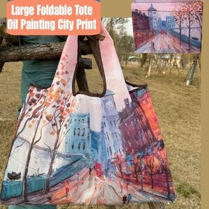 NWT Large City Oil Painting print Shopper, Folding Large bag w pouch
